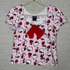 Hello Kitty Pink‎ Striped Blouse Top Medium Apples Flowers Bow AOP